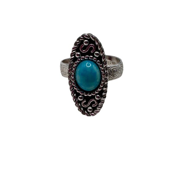 Vintage Ring Sarah Coventry Faux Turquoise Silver Tone Textured Adjustable Band - Picture 1 of 12